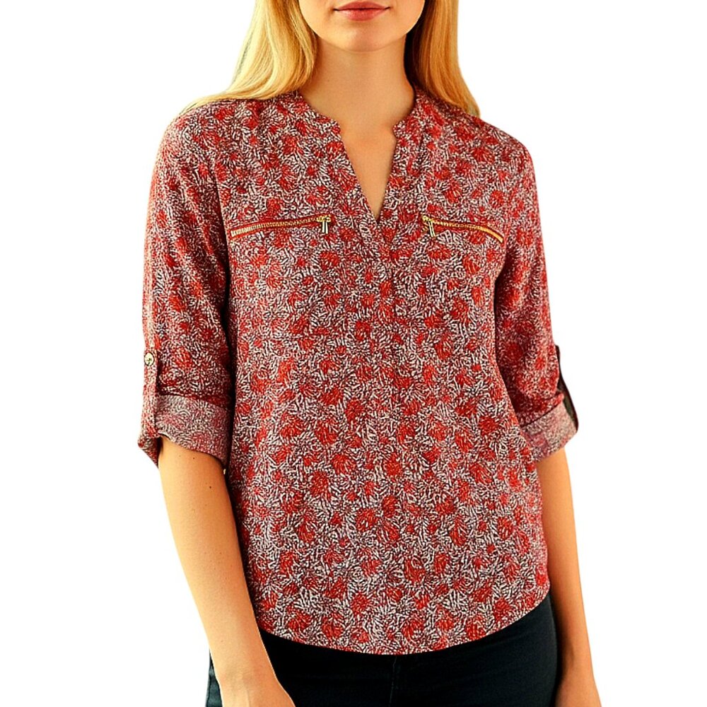 Michael Kors Oversized V-Neck Band Collar Pullover Blouse Preppy/Office/Work - S